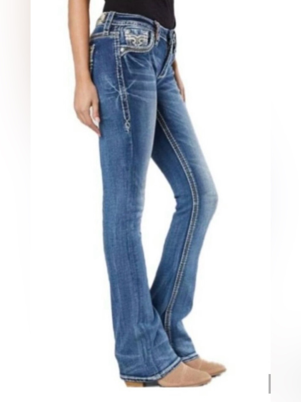 Rock Revival Betty Jeans Mid-Rise Boot Sequins Denim Womens Rhinestone Sz 30